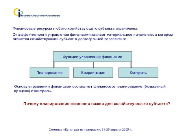 Семинар «Культура на границах», 21-25 апреля 2005 г. Функции управления финансами Финансовые