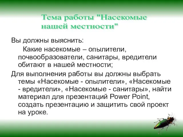 Вы должны выяснить: Какие насекомые – опылители, почвообразователи, санитары, вредители обитают в