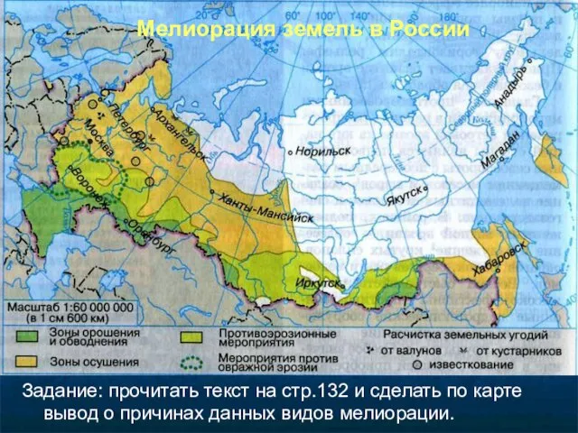 Мелиорация земель в России Задание: прочитать текст на стр.132 и сделать по