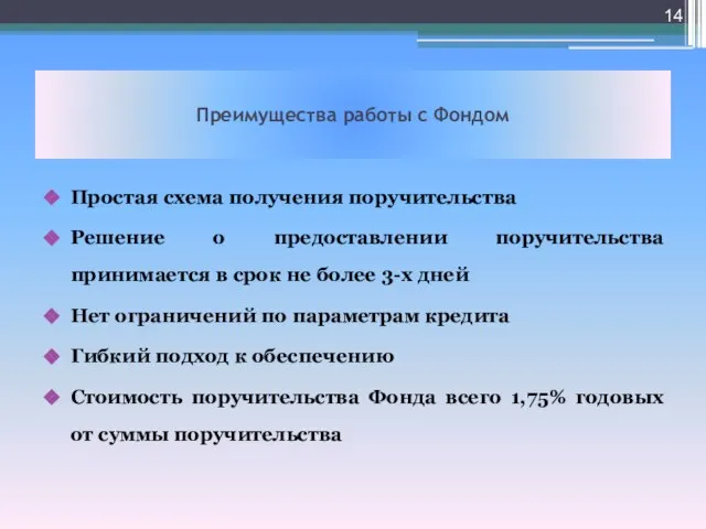 Преимущества работы с Фондом Простая схема получения поручительства Решение о предоставлении поручительства