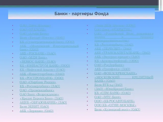 Банки – партнеры Фонда ОАО «Банк Москвы» ОАО «УРАЛСИБ» ОАО «Альфа-Банк» Банк