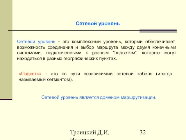 Троицкий Д.И. Интернет-технологии Сетевой уровень - это комплексный уровень, который обеспечивает возможность