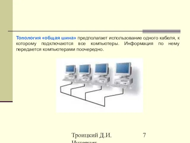 Троицкий Д.И. Интернет-технологии Топология «общая шина» предполагает использование одного кабеля, к которому