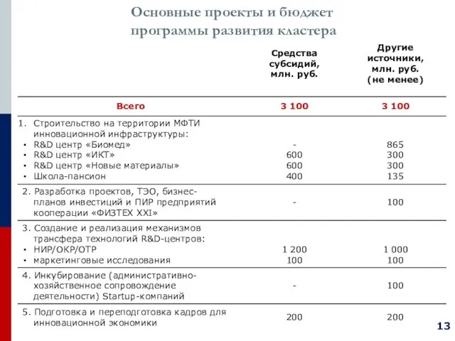 Основные проекты и бюджет программы развития кластера