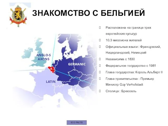 ЗНАКОМСТВО С БЕЛЬГИЕЙ Расположена на границе трех европейских культур 10.3 миллиона жителей