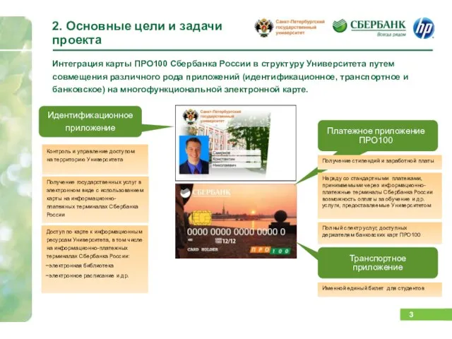 2. Основные цели и задачи проекта Интеграция карты ПРО100 Сбербанка России в