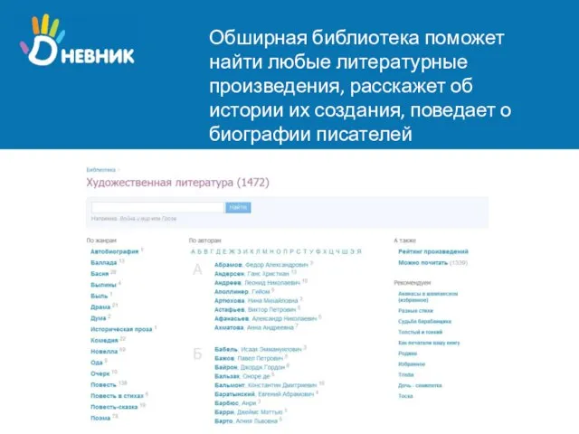 Обширная библиотека поможет найти любые литературные произведения, расскажет об истории их создания, поведает о биографии писателей