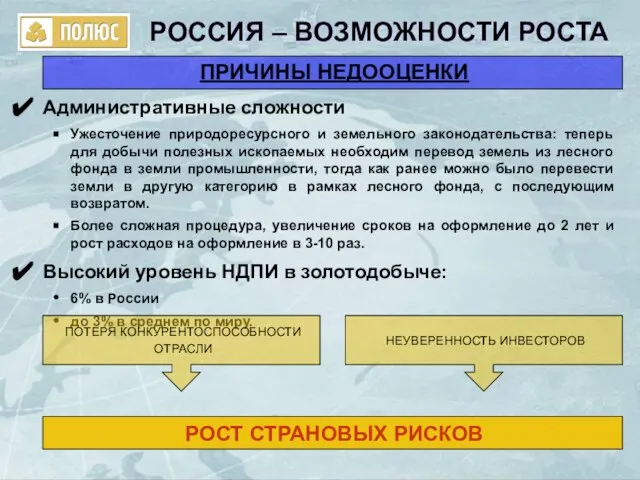 НЕУВЕРЕННОСТЬ ИНВЕСТОРОВ РОСТ СТРАНОВЫХ РИСКОВ РОССИЯ – ВОЗМОЖНОСТИ РОСТА Административные сложности Ужесточение