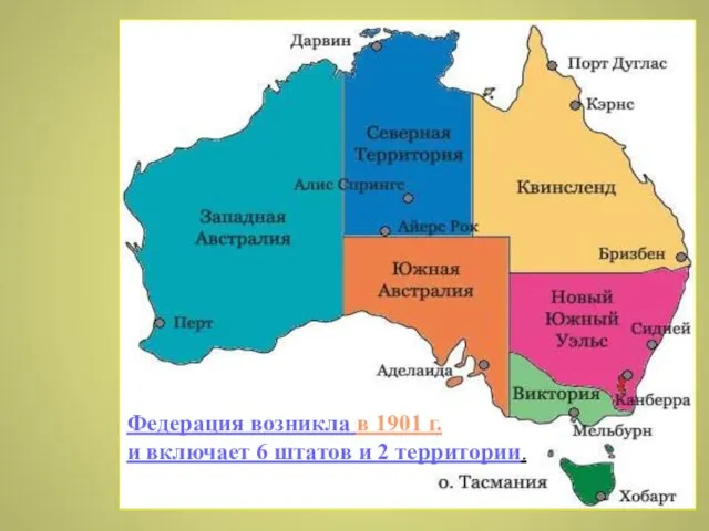 Федерация возникла в 1901 г. и включает 6 штатов и 2 территории.