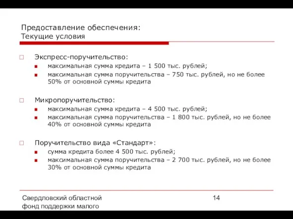 Свердловский областной фонд поддержки малого предпринимательства, 2008 г. Предоставление обеспечения: Текущие условия