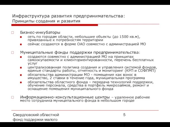 Свердловский областной фонд поддержки малого предпринимательства, 2008 г. Инфраструктура развития предпринимательства: Принципы