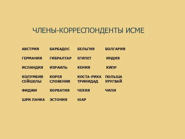 ЧЛЕНЫ-КОРРЕСПОНДЕНТЫ ИСМЕ АВСТРИЯ БАРБАДОС БЕЛЬГИЯ БОЛГАРИЯ ГЕРМАНИЯ ГИБРАЛТАР ЕГИПЕТ ИНДИЯ ИСЛАНДИЯ ИЗРАИЛЬ