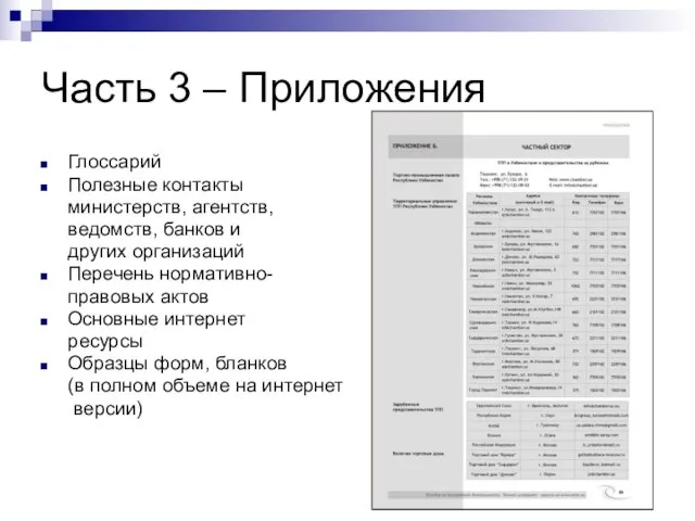 Часть 3 – Приложения Глоссарий Полезные контакты министерств, агентств, ведомств, банков и