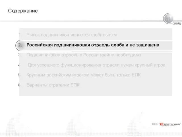 Содержание Рынок подшипников является глобальным Российская подшипниковая отрасль слаба и не защищена