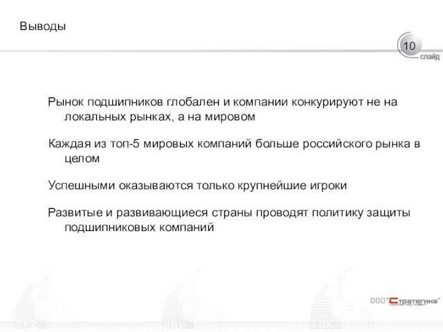 Выводы Рынок подшипников глобален и компании конкурируют не на локальных рынках, а