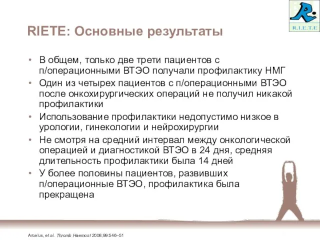 RIETE: Основные результаты В общем, только две трети пациентов с п/операционными ВТЭО