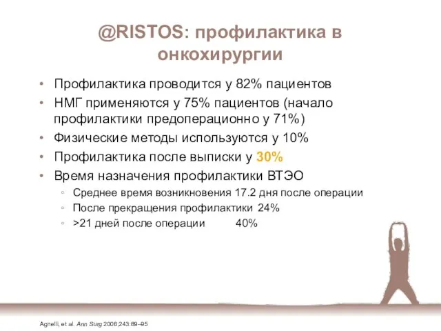 @RISTOS: профилактика в онкохирургии Профилактика проводится у 82% пациентов НМГ применяются у