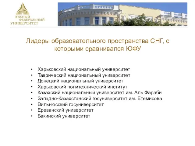 Лидеры образовательного пространства СНГ, с которыми сравнивался ЮФУ Харьковский национальный университет Таврический