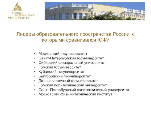 Лидеры образовательного пространства России, с которыми сравнивался ЮФУ Московский госуниверситет Санкт-Петербургский госуниверситет
