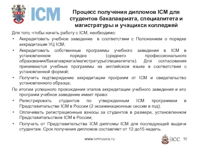 Процесс получения дипломов ICM для студентов бакалавриата, специалитета и магистратуры и учащихся