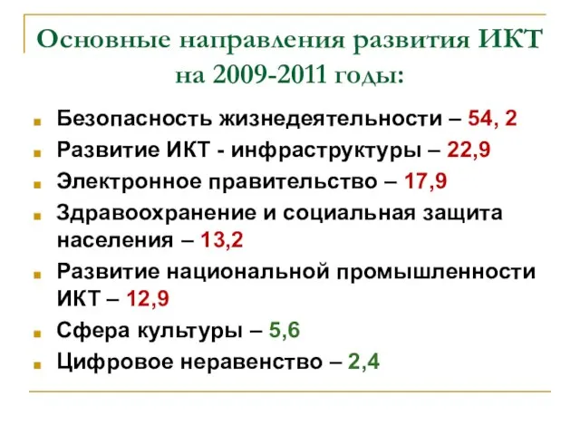 Основные направления развития ИКТ на 2009-2011 годы: Безопасность жизнедеятельности – 54, 2