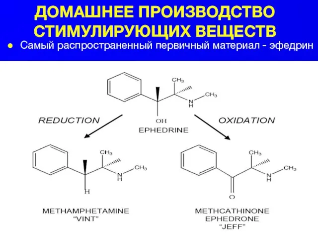 ДОМАШНЕЕ ПРОИЗВОДСТВО СТИМУЛИРУЮЩИХ ВЕЩЕСТВ Самый распространенный первичный материал - эфедрин