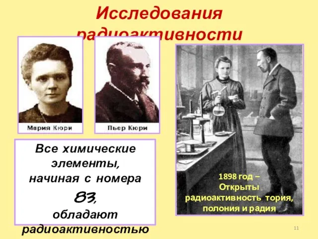 Исследования радиоактивности 1898 год – Открыты радиоактивность тория, полония и радия Все