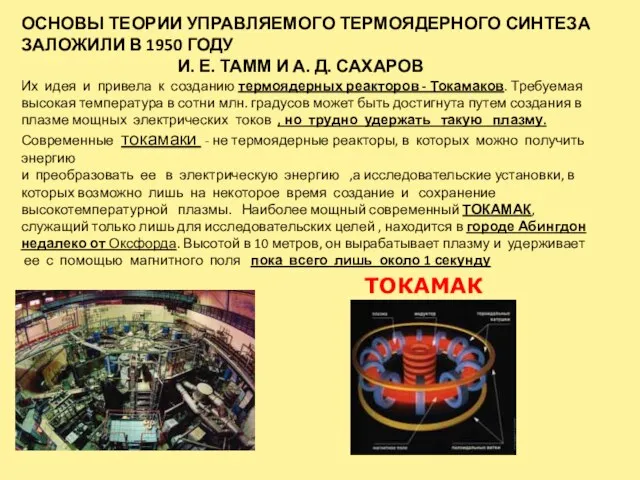 ОСНОВЫ ТЕОРИИ УПРАВЛЯЕМОГО ТЕРМОЯДЕРНОГО СИНТЕЗА ЗАЛОЖИЛИ В 1950 ГОДУ И. Е. ТАММ