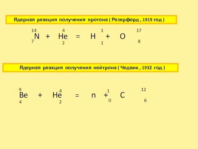 Ядерная реакция получения протона ( Резерфорд , 1919 год ) N +