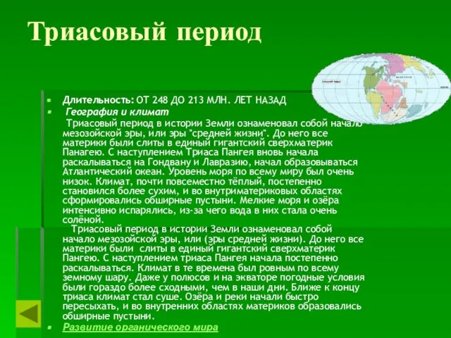 Триасовый период Длительность: ОТ 248 ДО 213 МЛН. ЛЕТ НАЗАД География и