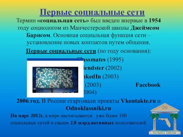 Термин «социальная сеть» был введен впервые в 1954 году социологом из Манчестерской