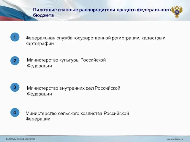 1 Пилотные главные распорядители средств федерального бюджета Федеральная служба государственной регистрации, кадастра