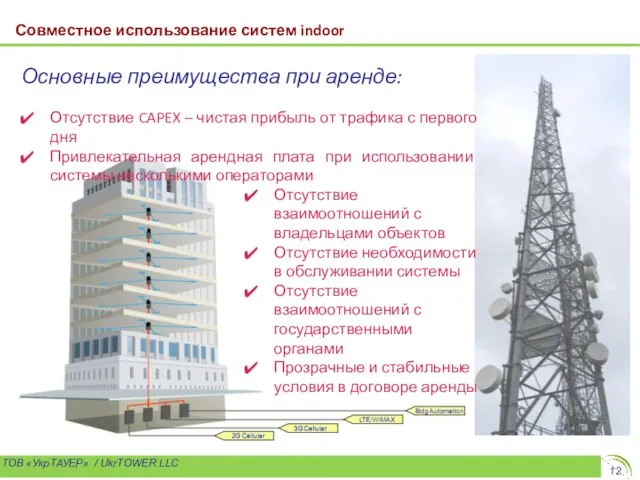 ТОВ «УкрТАУЕР» / UkrTOWER LLC Совместное использование систем indoor Основные преимущества при