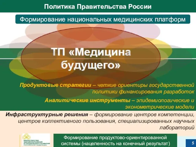 Формирование продуктово-ориентированной системы (нацеленность на конечный результат) Формирование национальных медицинских платформ Продуктовые