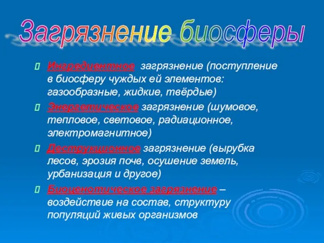 Ингредиентное загрязнение (поступление в биосферу чуждых ей элементов: газообразные, жидкие, твёрдые) Энергетическое