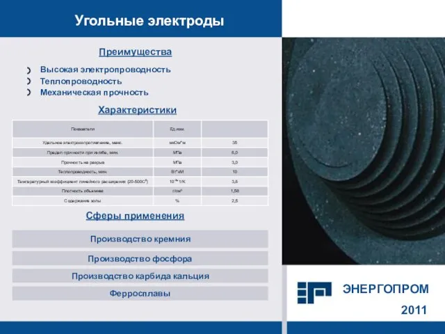 2011 Угольные электроды Сферы применения Производство кремния Производство фосфора Производство карбида кальция