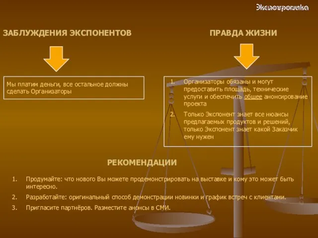 ЗАБЛУЖДЕНИЯ ЭКСПОНЕНТОВ ПРАВДА ЖИЗНИ Мы платим деньги, все остальное должны сделать Организаторы