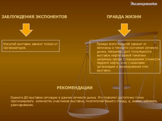 ЗАБЛУЖДЕНИЯ ЭКСПОНЕНТОВ ПРАВДА ЖИЗНИ Масштаб выставки зависит только от Организаторов. Прежде всего