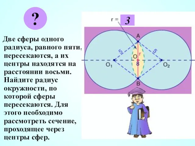 Две сферы одного радиуса, равного пяти, пересекаются, а их центры находятся на