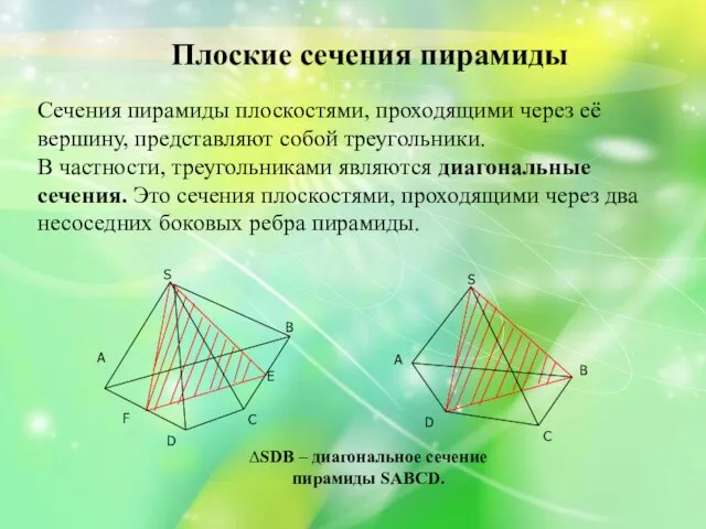 Плоские сечения пирамиды Сечения пирамиды плоскостями, проходящими через её вершину, представляют собой