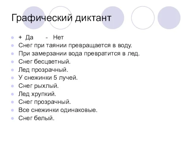 Графический диктант + Да - Нет Снег при таянии превращается в воду.