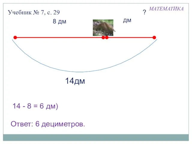 Учебник № 7, с. 29 МАТЕМАТИКА ?дм 14 - 8 = 6