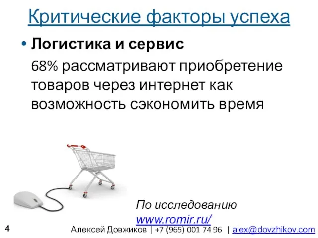 Критические факторы успеха Логистика и сервис 68% рассматривают приобретение товаров через интернет