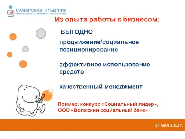 Из опыта работы с бизнесом: 17 мая 2012 г. ВЫГОДНО продвижение/социальное позиционирование