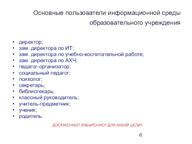 Основные пользователи информационной среды образовательного учреждения директор; зам. директора по ИТ; зам.