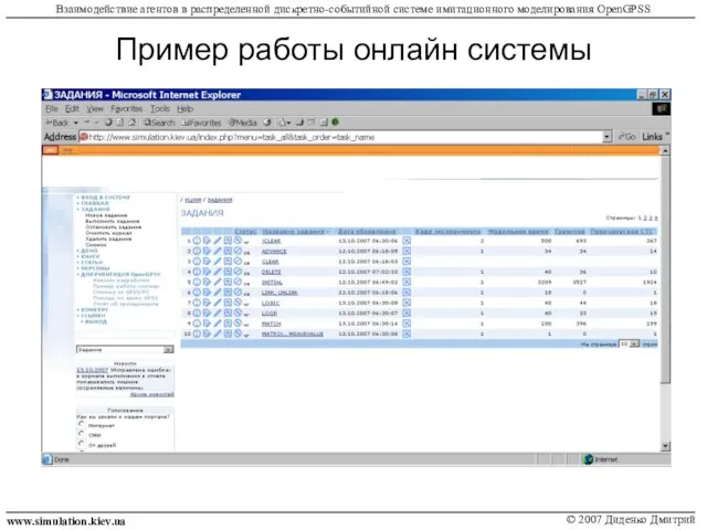 Пример работы онлайн системы www.simulation.kiev.ua © 2007 Диденко Дмитрий Взаимодействие агентов в