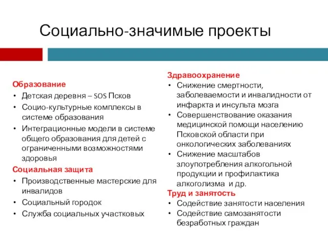 Социально-значимые проекты Образование Детская деревня – SOS Псков Социо-культурные комплексы в системе