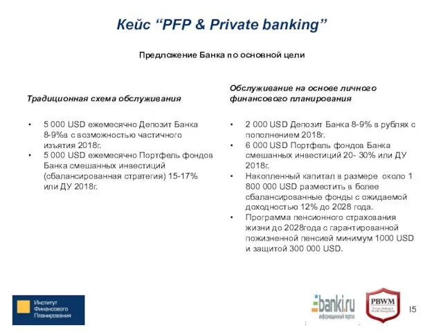 Кейс “PFP & Private banking” Традиционная схема обслуживания 5 000 USD ежемесячно