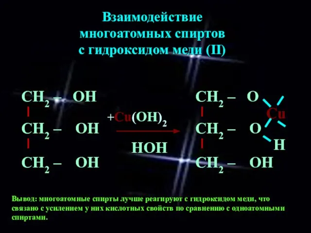 Взаимодействие многоатомных спиртов с гидроксидом меди (II) Вывод: многоатомные спирты лучше реагируют