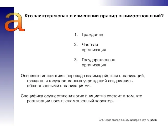 ЗАО «Удостоверяющий центр» ekey.ru | 2006 a Кто заинтересован в изменении правил